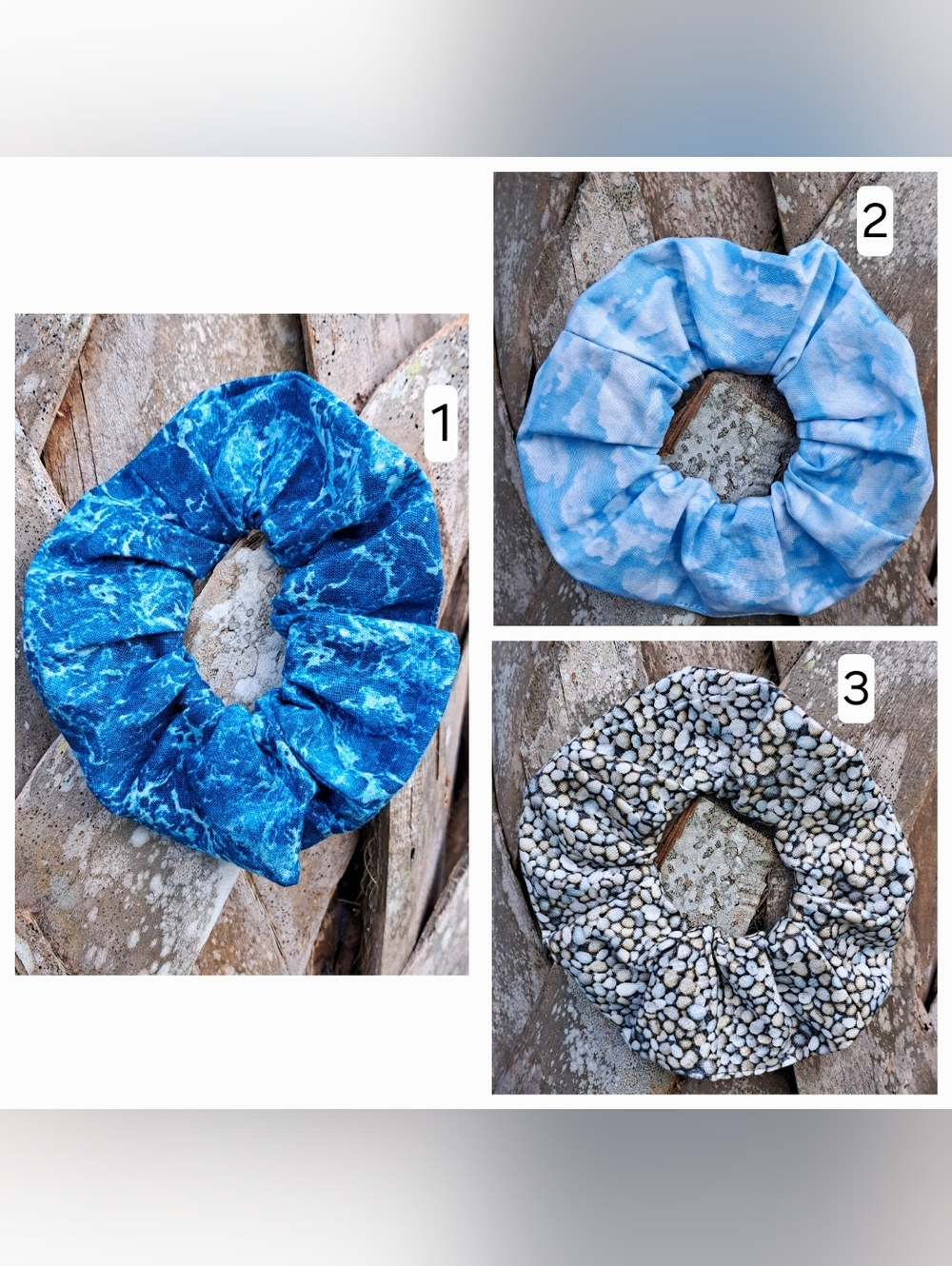 ONE Scrunchie Hair Tie Colorful Cotton Summer Prints Blue Ocean Sky Beach Rocks